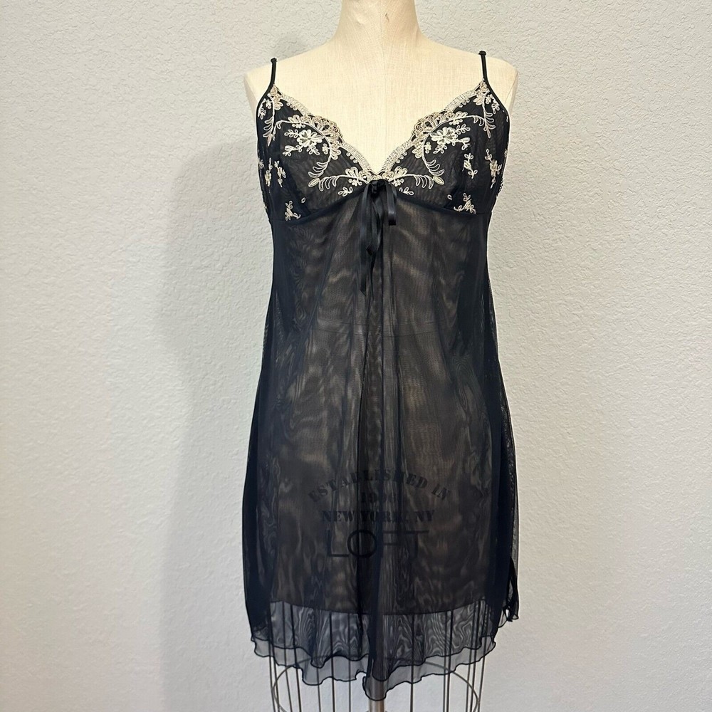 LISE CHARMEL Embroidered V-Neck Chemise Dress Black Sheer